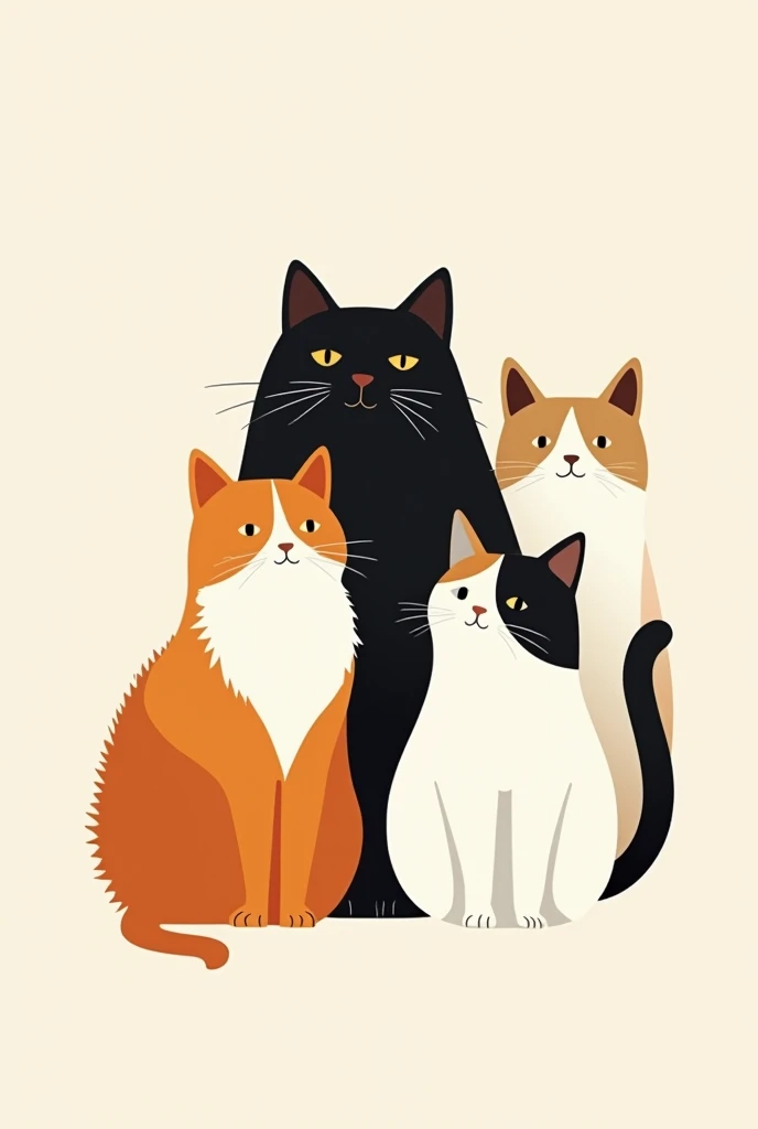 create me a wallpaper of 4 cats together 1 orange with white with lots of hair 1 big chubby black 1 white with brown and black big 1 white with black in minimalist style drawing