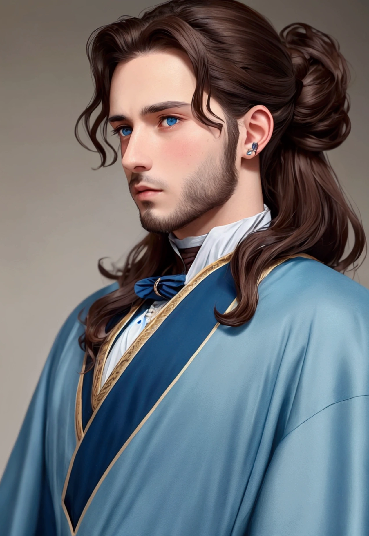 man with wavy brown hair, hair up to the ear, blue colored eyes, Square face,no facial expression dressed in a 19th century noble robe