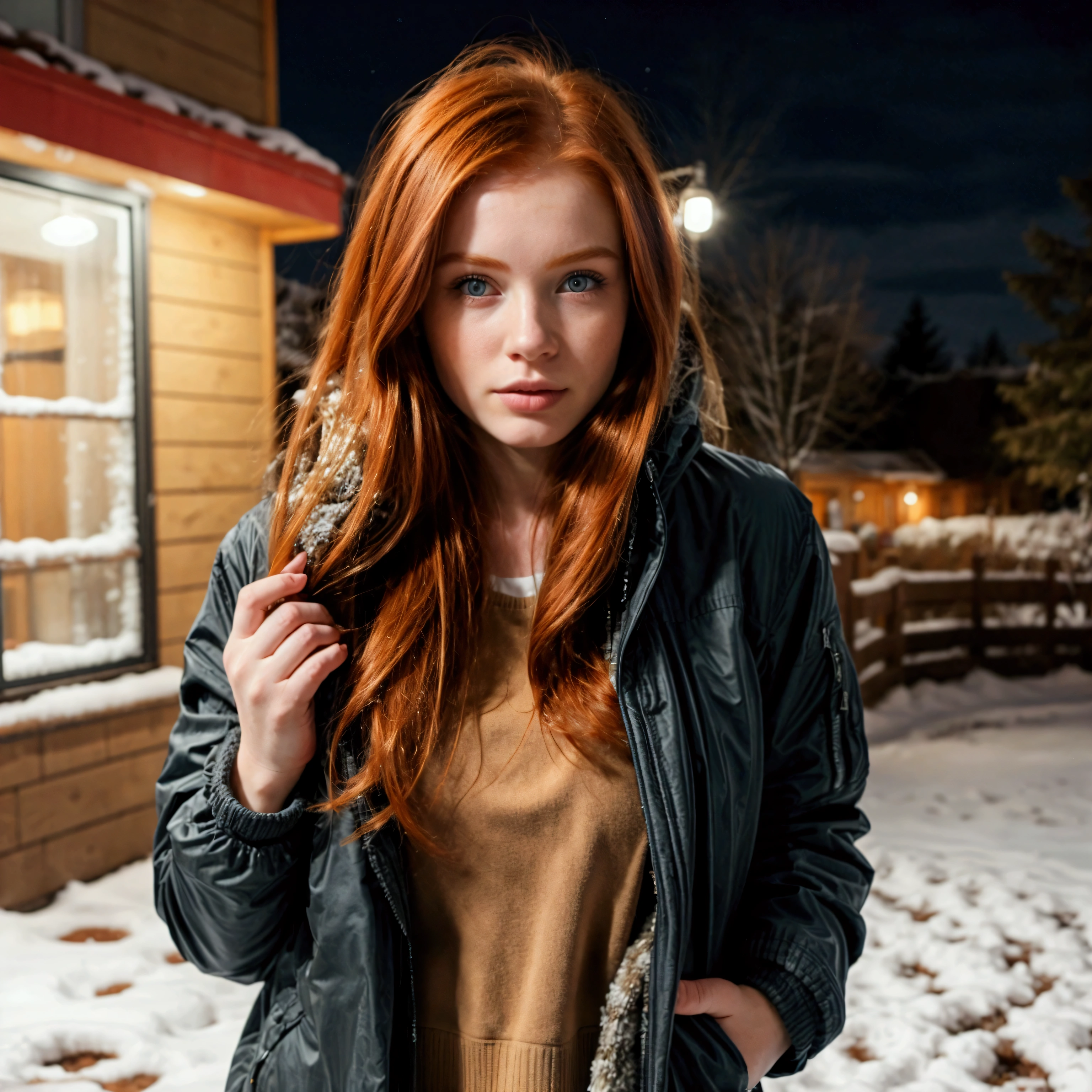 realistic redhead young woman wearing a jacket cold weather clothes on a snowy night in canada
