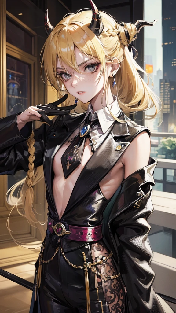 1 boy, anime, high quality, intricate details, futuristic, androgynous, casino setting, elegant, suit, messy hair, blonde hair, gloves, stern expression, waistbelt, brooch, freckles, demon horns, messy hair, earrings, tattoos, black eyes, effeminate, small braid
