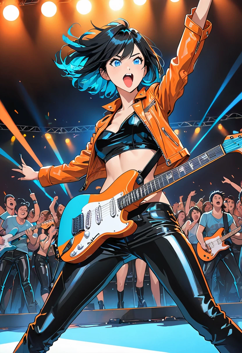 illustration, detailed illustration, ultra detailed, dynamic angle, 30 year old woman, short black hair, hair with cyan streaks, mismatched eyes, orange eye, blue eye, lean, medium breasts, black bikini top, black leather pants, orange leather jacket, playing cyan electric guitar, dark arena, stage, audience, dynamic pose, sneer