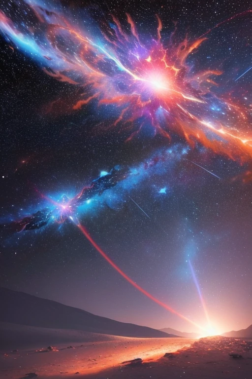(((surreal scene))), (((supernova))), best quality, highly detailed, masterpiece, 8k, photorealistic, realistic, detailed skin texture, HDR, natural lighting, future, galaxy, stars, cosmos, (a lot of shooting stars)