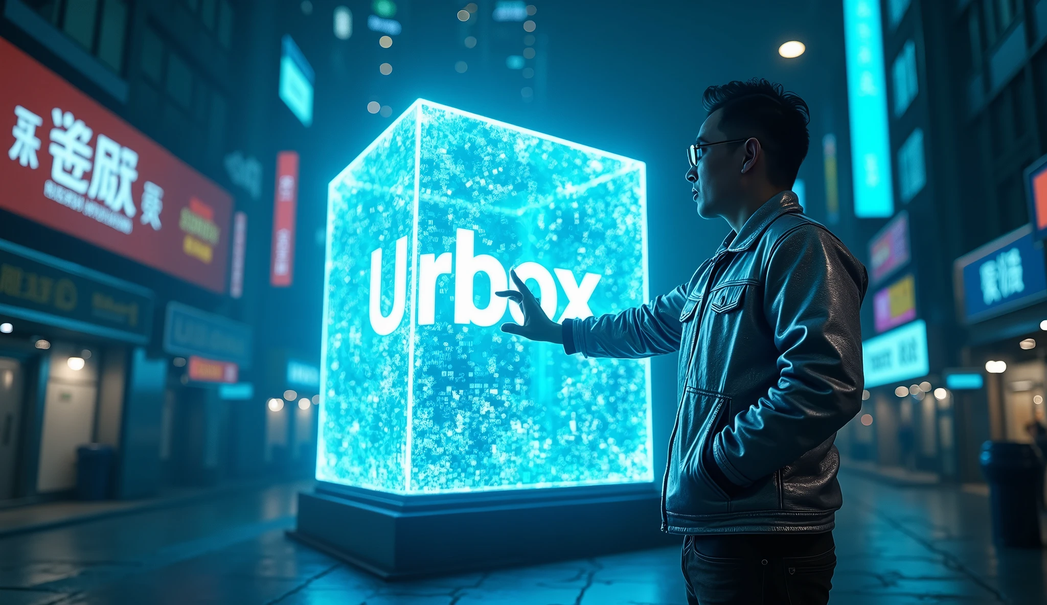 far-shot camera, Asian 3 Mid-old male character stands in front of a giant cube hologram logo with the words "UrBox" in the wide growded street, character touch the hologram, The hologram logo explodes and emits an all-encompassing blue light. Outfit: Silver jacket, wae glass, strong gestures. Setting: Small alley between cyberpunk buildings. Lighting: Dark colors, faint blue lights from billboards. Effects: LED strips on the device gradually glow. Special: The scene evokes a sense of suspense and anticipation.