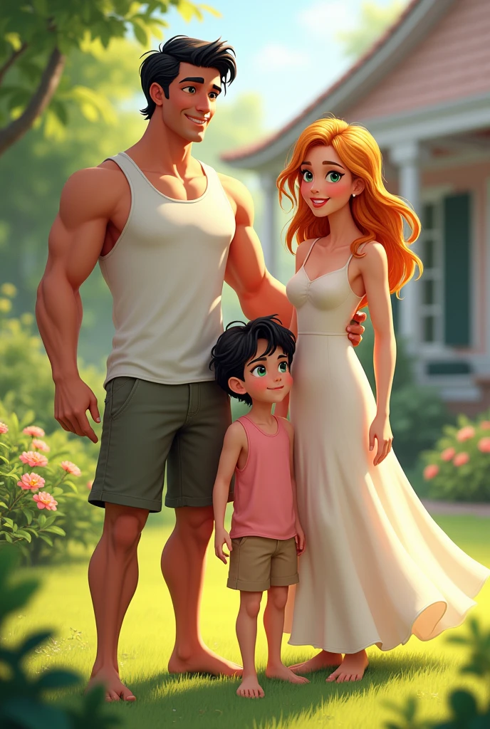 An extremely handsome alpha man of tall stature, tanned skin, defined body, green eyes, short wavy black hair with his partner, a beautiful woman, strawberry blonde hair, amber eyes and a son with strawberry blonde hair, green eyes wearing shorts and a tank top and a baby girl on the couple's lap in a garden with a large house in the background, a big and a small child playing, one with black wavy hair.