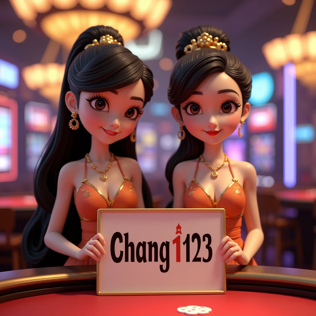 PG SLOT >> [chang123th.featuring] Direct web, upper body, two beautiful Thai women holding a sign "CHANG123 REGISTNOW" Cheerful, Happy, Casino Background, Thai Dress, Real Cartoon Pixar, Broken Chest, Standing Behind Poker Table, White Skin ,AbsoluteRealthailandwomen, ELEGANT WOMEN, guofeng, epic, real 3D women, 