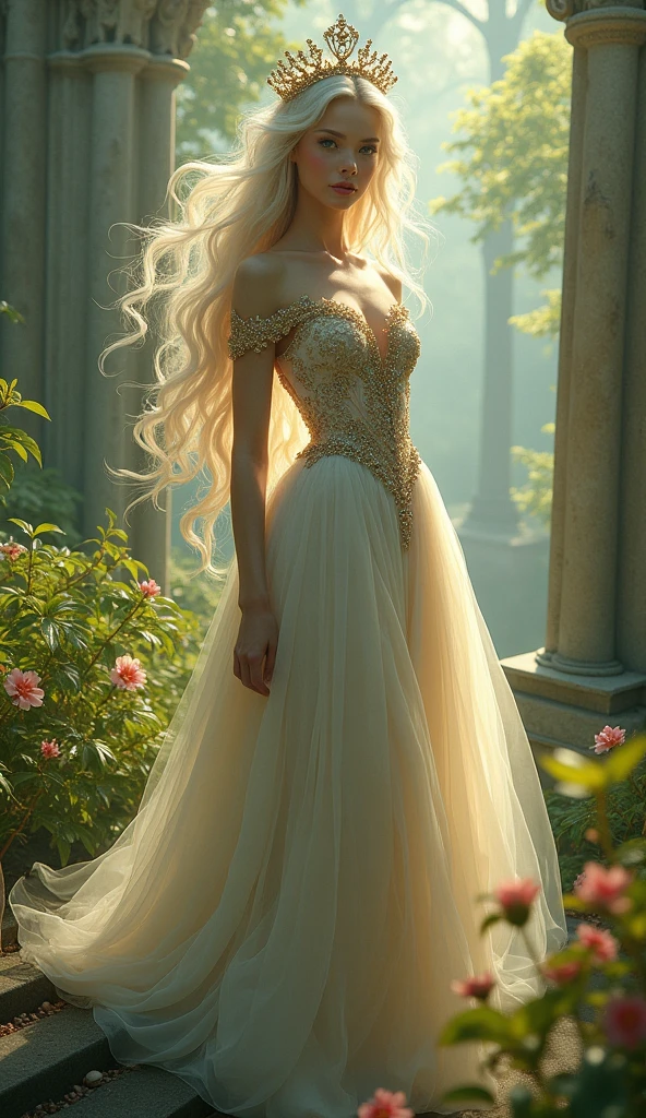 "Enchanting, ethereal portrait of a regal, fairytale-inspired figure amidst a lush, verdant landscape. The subject's flowing, platinum-blonde tresses and delicate, crown-like headdorn lend an air of celestial, princess-like elegance to her presence. Her sweeping, jewel-encrusted gown cascades in a dramatic, billowing silhouette, creating a sense of cinematic, romantic grandeur.
The towering, ornate manor in the background adds a stately, storybook-esque backdrop, while the verdant foliage and soft, warm lighting imbue the scene with a sense of tranquil, dreamlike wonder. The overall composition and styling evoke the captivating, imaginative aesthetics of renowned fantasy artists like Greg Rutkowski, Brom, and Alphonse Mucha.
This captivating portrait exudes a sense of timeless, fairy tale-inspired enchantment, drawing the viewer into a realm of elegance, mysticism, and boundless imagination. The meticulous attention to detail, the masterful use of light and shadow, and the overall sense of ethereal, magnetic presence make this a truly mesmerizing and visually arresting work."