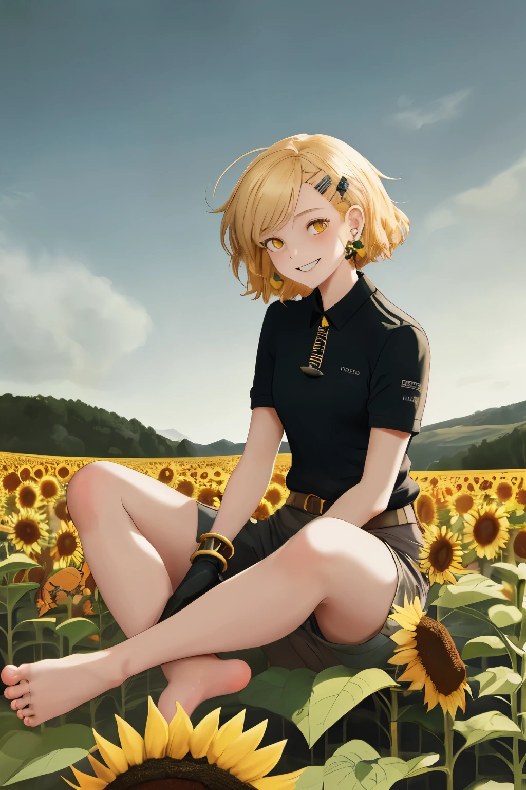 absurd resolution, High resolution, (masterpiece), hyperdetailed, Fantastic and medieval countryside, sunflower field, 1 teenage girl, 18 years, tall statue, blond hair, messy and quite short, flower shaped hair clips, bright yellow eyes, White skin, Black polo with gradient, long gloves, an amulet on the neck, Brown short shorts, calm and smiling expression, sitting in the field, barefoot, ear piercings, bracelet, she doesn't have breasts.