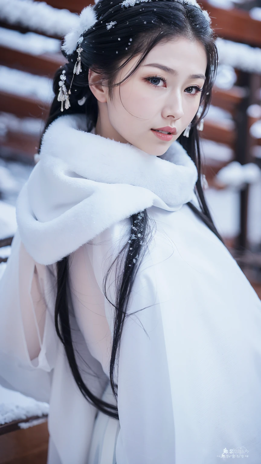 1 Fashion Model [[[[close up]]]], [[[[neck]]]], [[[[Shoulder]]]], (((Complete head)))，(((Complete hairstyle)))，Perfect eyes, Perfect Iris，Perfect lips，Perfect Teeth，Perfect skin，White skin，Soft headlights，High-density imaging，Black long hair，（Clean and delicate face），((Simple fur winter Hanfu))，((The background is a snowy scene))，((winter))，((Various dynamic poses))，((The background is a snowy scene))，best quality，masterpiece，（Soft colors：1.2）
