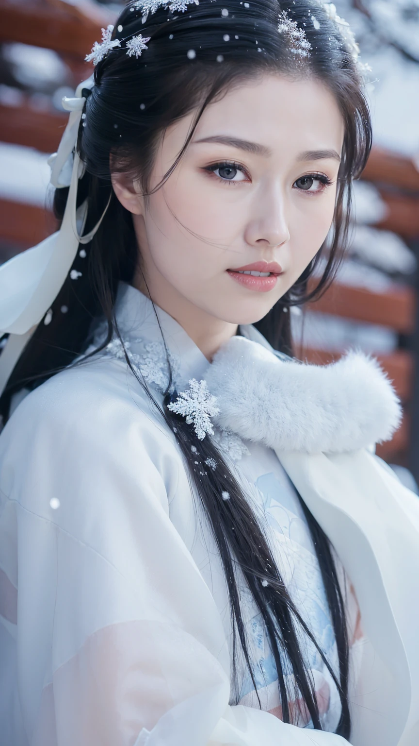 1 Fashion Model [[[[close up]]]], [[[[neck]]]], [[[[Shoulder]]]], (((Complete head)))，(((Complete hairstyle)))，Perfect eyes, Perfect Iris，Perfect lips，Perfect Teeth，Perfect skin，White skin，Soft headlights，High-density imaging，Black long hair，（Clean and delicate face），((Simple fur winter Hanfu))，((The background is a snowy scene))，((winter))，((Various dynamic poses))，((The background is a snowy scene))，best quality，masterpiece，（Soft colors：1.2）

