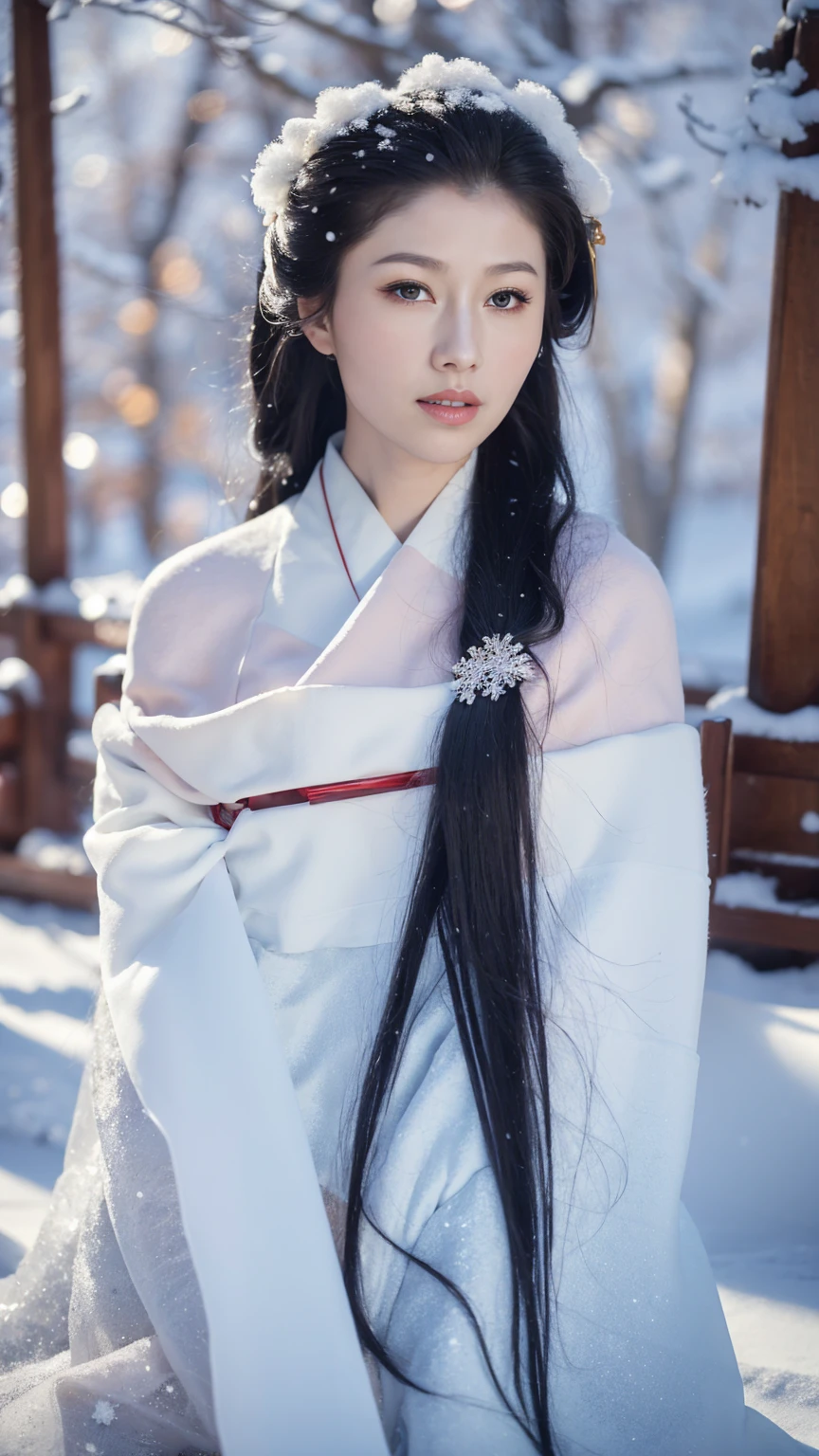 1 Fashion Model [[[[close up]]]], [[[[neck]]]], [[[[Shoulder]]]], (((Complete head)))，(((Complete hairstyle)))，Perfect eyes, Perfect Iris，Perfect lips，Perfect Teeth，Perfect skin，White skin，Soft headlights，High-density imaging，Black long hair，（Clean and delicate face），((Simple fur winter Hanfu))，((The background is a snowy scene))，((winter))，((Various dynamic poses))，((The background is a snowy scene))，best quality，masterpiece，（Soft colors：1.2）
