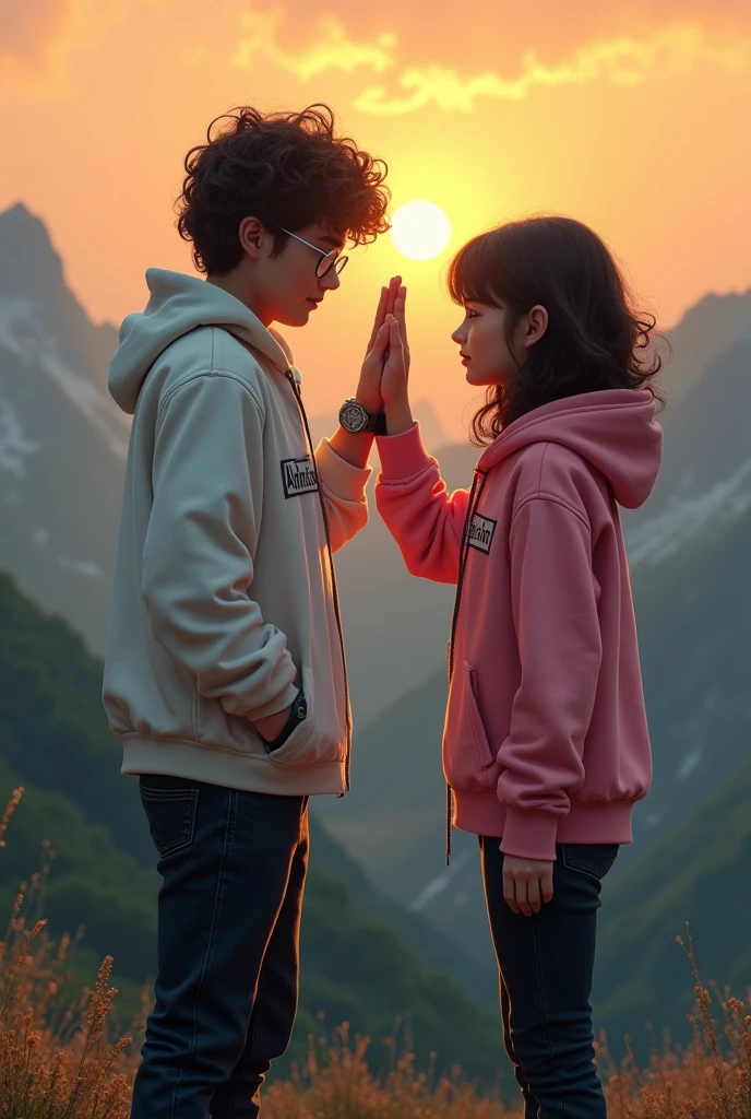 A handsome sad boy, and a beautiful sad girl standing on the mountain hill, boy wearing white jacket, black jeans, Curley hair, wearing watch, and eyeglasses, girl wearing black jeans, pink hoodie, short silky hair, evening sunset, mountain hill in background, evening sunset, written 'Abhishek' in backside of boy jacket, and written 'kashish' in backside of girl hoodie. Boy and girl giving hi five each other Alphonse Mucha