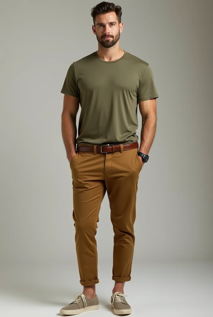 Casual Outing
Outfit:
Top: A well-fitted, solid-color t-shirt in a warm neutral tone like olive or tan.
Bottoms: very soft 2 quarter pant or like adult model
Shoes: Casual sneakers or loafers in a neutral color.
Accessories: A simple watch and a casual belt.
Pose: Standing looking at camera, his big penis shape should be visible clearly as realistic.