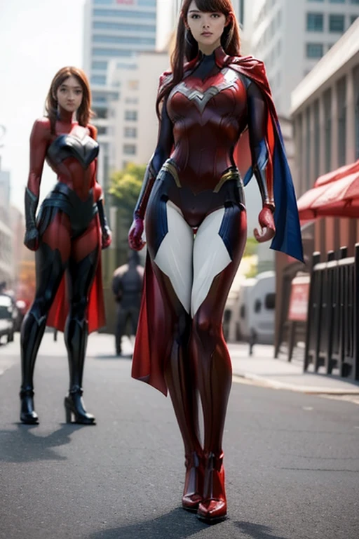Three Women, Superwoman, Batwoman, Spider-Gwen, Iron Woman, Female Captain America,Ultra-realistic, High-resolution group photo of female versions of iconic superheroes standing side by side in a powerful display。, Uniform pose. All with skirt. 1(Superwomanは鮮やかなブルーのボディスーツを着て、bold, Red 'S' logo on chest, Matching blue skirt, A flowing red cape draped over her shoulders, スタイリッシュなRed Boots. Her hair flows freely in soft waves., She is standing confidently with her hands on her hips), 2(Batgirl is dark, Midnight blue bodysuit with a gold bat logo on the chest, Matching black skirt, Flowing black cape, Gold-rimmed boots. Her utility belt is practical yet casually stylish, And her long, Wavy hair flows freely from the hood、She stands vigilantly, Has a batarang), 3(The female version of Captain America、Wearing a blue bodysuit with white and red accents, Matching blue skirt, White star emblem on chest, Red Boots. She holds a circular shield with the iconic Stars and Stripes on it.. Her hair is tied back in a practical yet stylish way., And she stands with her shield raised, Ready to defend), Sunset cityscape in the background、All posing together on the rooftop。, warm, Golden light covering the scene.