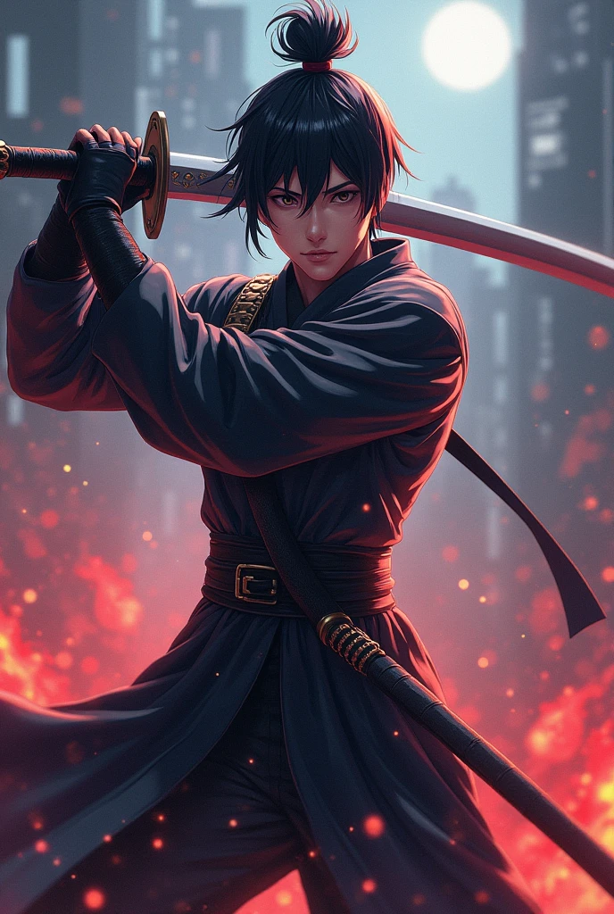 Full body holding sword that is on his right frontal anatomical position about to attack anime