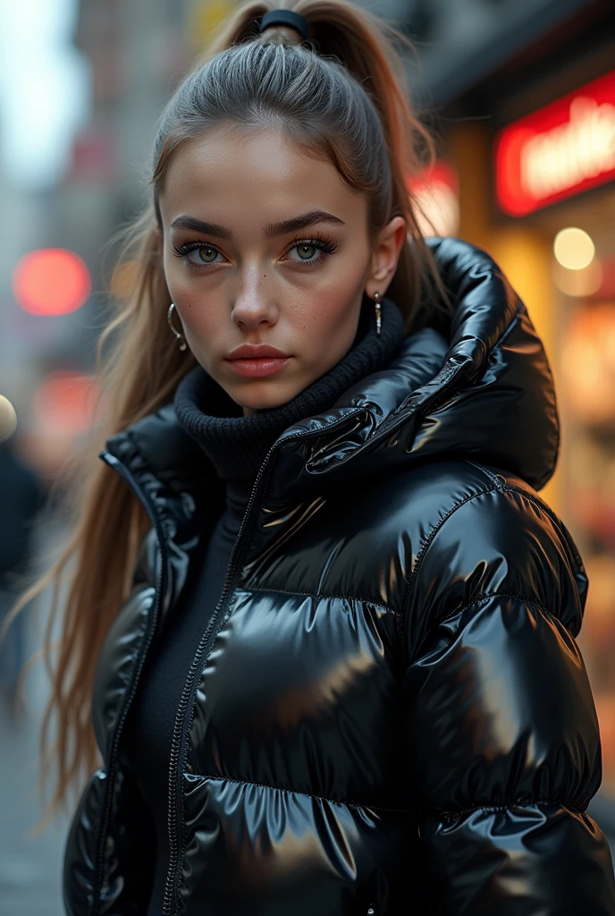 a slim ponytail girl,beautiful detailed eyes,beautiful freckles,beautiful detailed lips,extremely detailed eyes and face,longeyelashes,in beautiful detailed hooded formfitting duvetica overfilled shiny hyper gleamy hyper thick glossy unsealed puffer jacket covering her sealed hyper padded puffer vest,latex glossy stirrup legging, puffy boots,symmetrical,walking in pufferstore,masterpiece,cinematic,lifelike,hyperrealistic,8k,photorealistic,highly detailed,intricate,exquisite,elegant,beautiful,stunning