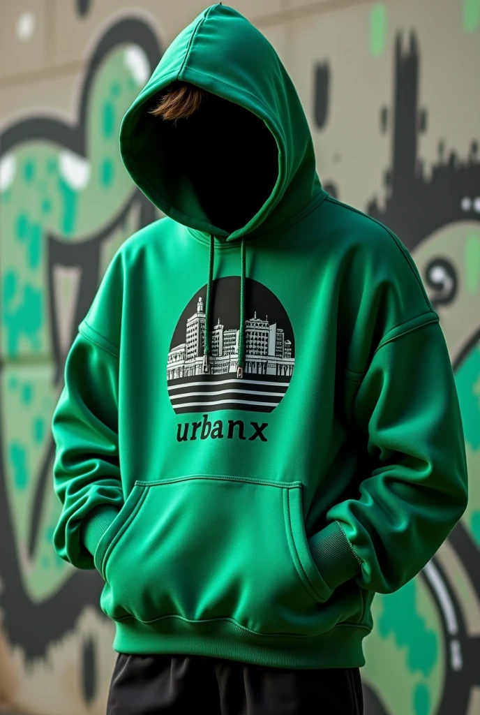 A high-quality, realistic image of an oversized green 'UrbanX' sweatshirt with a black hood, featuring a unique urban-inspired graphic print. The sweatshirt should be the sole focus of the image, with no people or additional clothing visible. The graphic print should be a more urban and original illustration, elegant "UrbanX" logo displayed prominently on the front. The background should feature a graffiti covered wall with green and black paint splatters, enhancing the urban atmosphere. The overall aesthetic should be modern, bold and elegant, highlighting the brand's distinctive urban appeal."