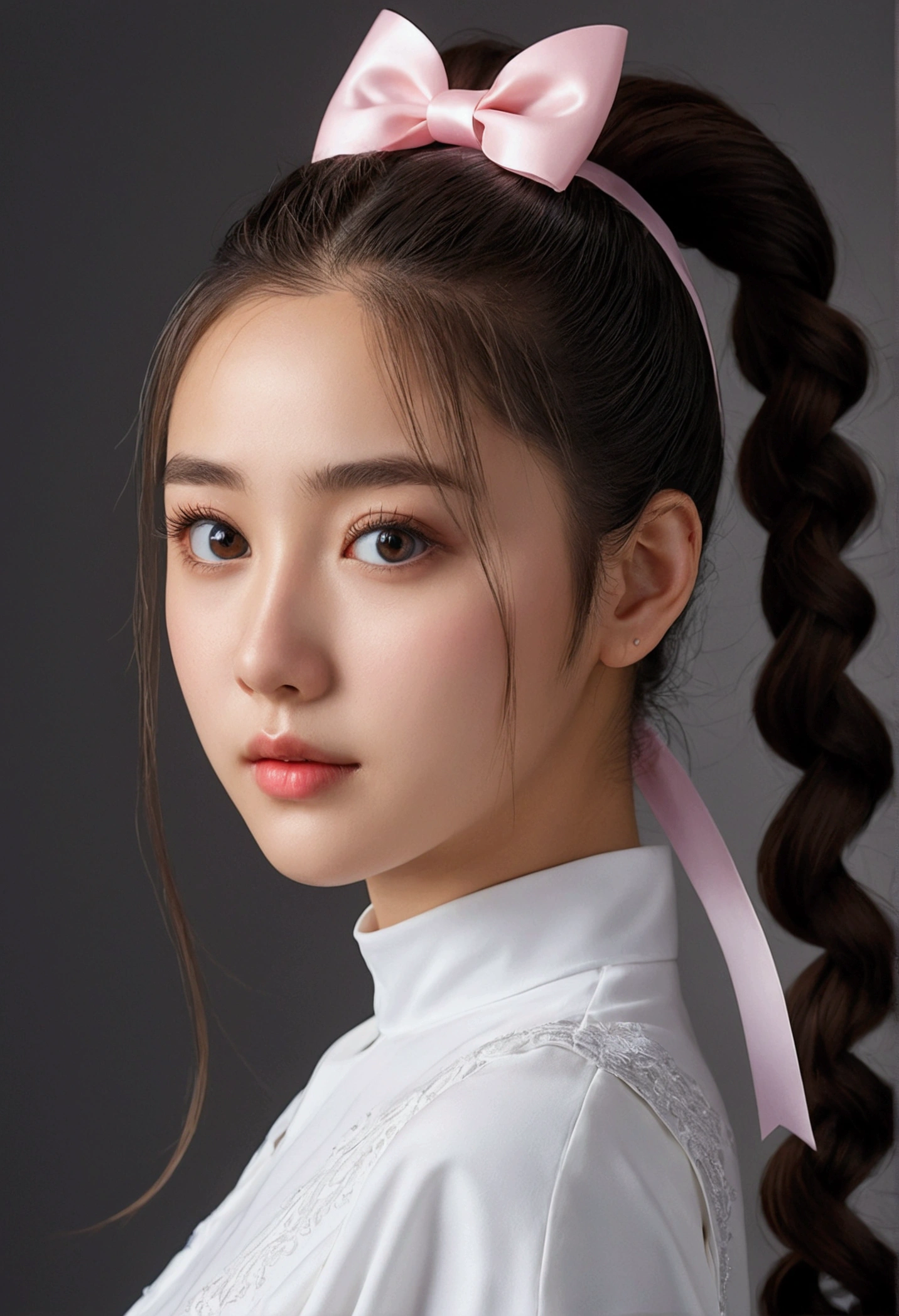 8k, Best image quality, High resolution, One person girl,Ultra-fine face,Detailed eyes,Pure、profile、She has a ponytail with a big ribbon
