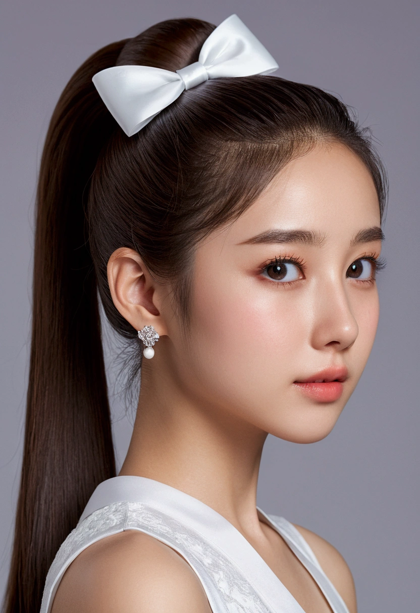 8k, Best image quality, High resolution, One person girl，Ultra-fine face，Detailed eyes，Pure、profile、She has a ponytail with a big ribbon