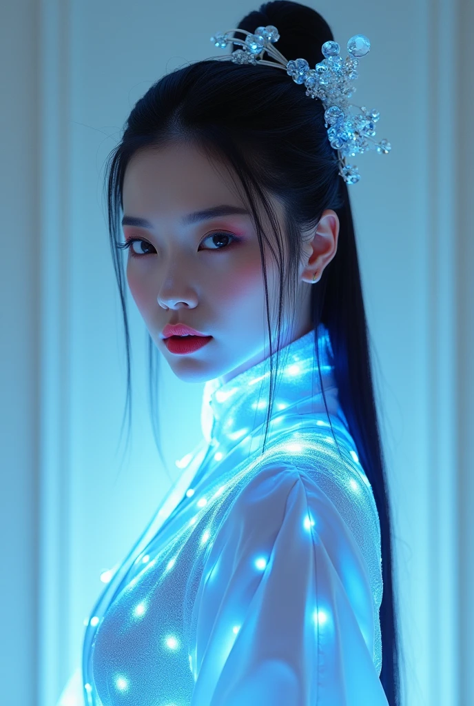 A luminous Chinese beauty from ancient dynasties (221 BCE - 220 CE) stands majestically against a neutral background, her vibrant white-blue twotone attire radiating an otherworldly aura. David Lachapelle's lens captures the frozen moment of her polished body, Si-fi graphics luminescent attire, and captivating gaze meeting the camera with unflinching intensity. reflected light liquid metal fabric attire, 8K resolution reveals razor-sharp features, high-contrast details, and Traditional Chinese hairstyles, while a subtle sheen on her lips hints at the application of Traditional lipstick, spiritual cosmic to realistic, reflected light Glass hair pin