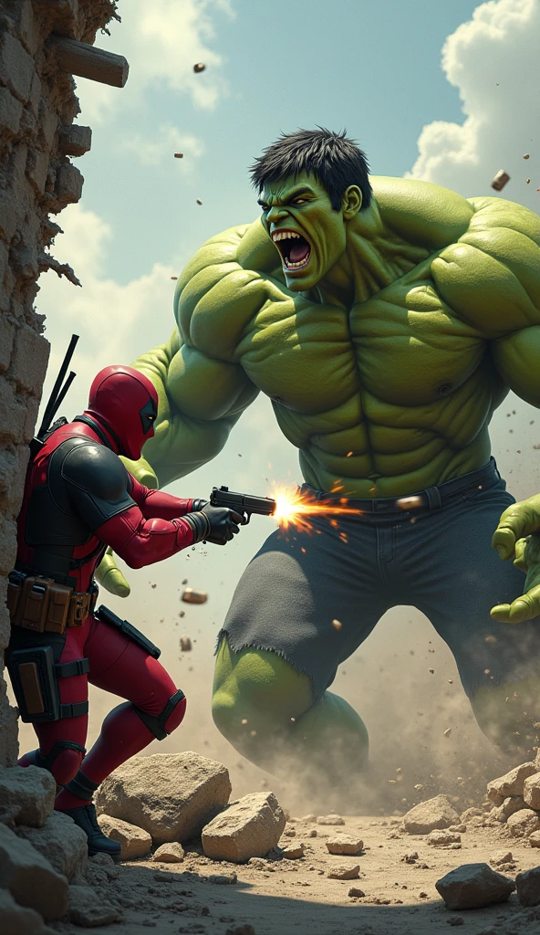 Deadpool, with a wild grin and eyes gleaming with reckless defiance, fires a barrage of bullets at the Hulk from behind cover. The scene is chaotic—Hulk's massive form is barely fazed, his green skin riddled with holes as he roars in frustration. Debris flies around them, and the ground is scarred from Hulk's pounding footsteps. Deadpool, crouched behind a shattered wall, peeks out with a mix of manic energy and grim determination, his laughter echoing against the backdrop of Hulk's thunderous fury. In this intense moment, the contrast between Deadpool's frenetic bravado and Hulk's relentless strength creates a striking, emotionally charged tableau.