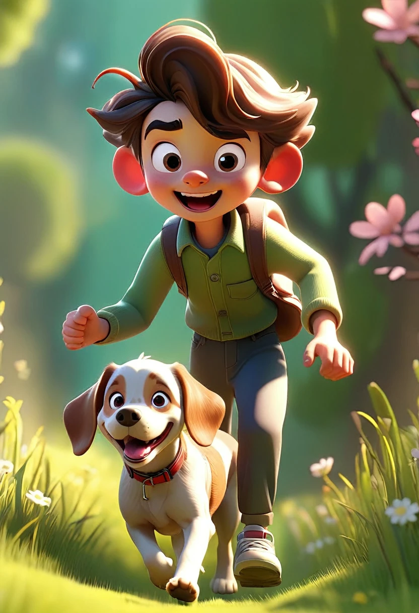3D animation style, spring flower blooming hill, beautiful spring day, wrapped in the soft light of sunlight filtering through the trees, a cheerful boy running happily with his pet dog, a heartwarming scene,