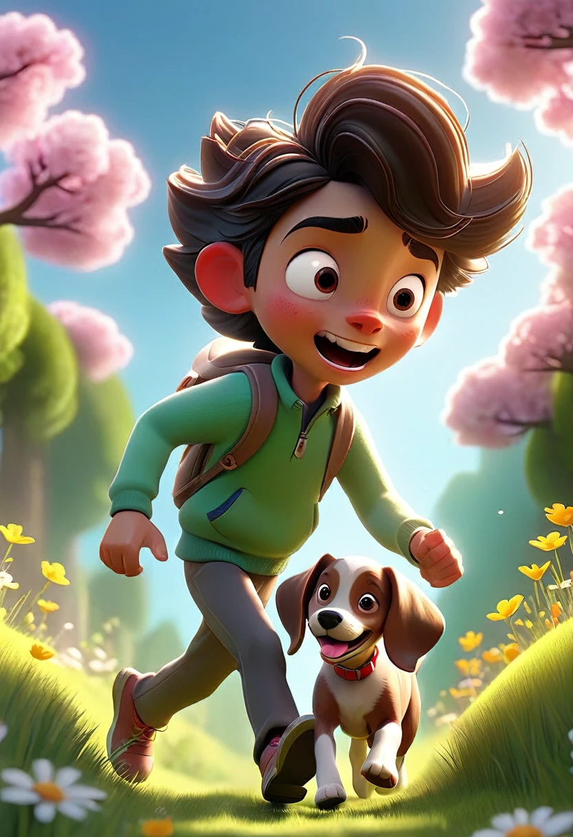 3D animation style, spring flower blooming hill, beautiful spring day, wrapped in the soft light of sunlight filtering through the trees, a cheerful boy running happily with his pet dog, a heartwarming scene,