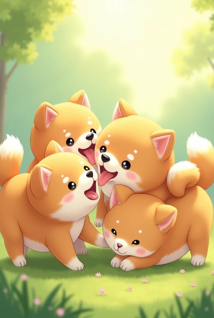 Cute Shiba Inu Several Shiba Inu playing together,Soft Light,Happy atmosphere,