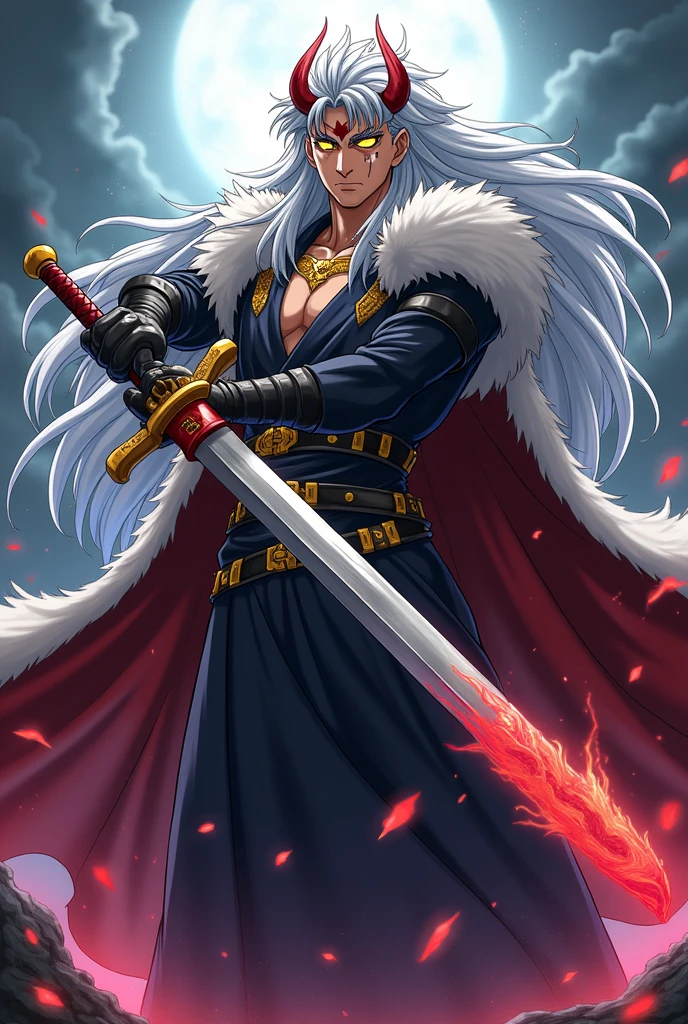 Full body holding sword that is on his right frontal anatomical position about to attack anime sesshomaru