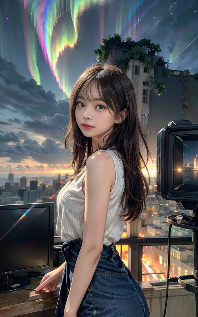 "Create a hyper-realistic digital painting of a surreal scene where a young woman stands at the edge of a cliff. The cliff face is composed of stacked, old-fashioned TV sets showing different nature scenes. The woman's hair flows behind her, transforming into a flock of metallic birds mid-flight. The sky above is a patchwork of different weather patterns - stormy, sunny, and auroral - seamlessly stitched together. In the distance, a city skyline can be seen, but the buildings are giant, bioluminescent mushrooms. Pay careful attention to the textures of the TV sets, the feathers of the metallic birds, and the various sky patterns. The lighting should be complex, with multiple light sources creating an otherworldly atmosphere."