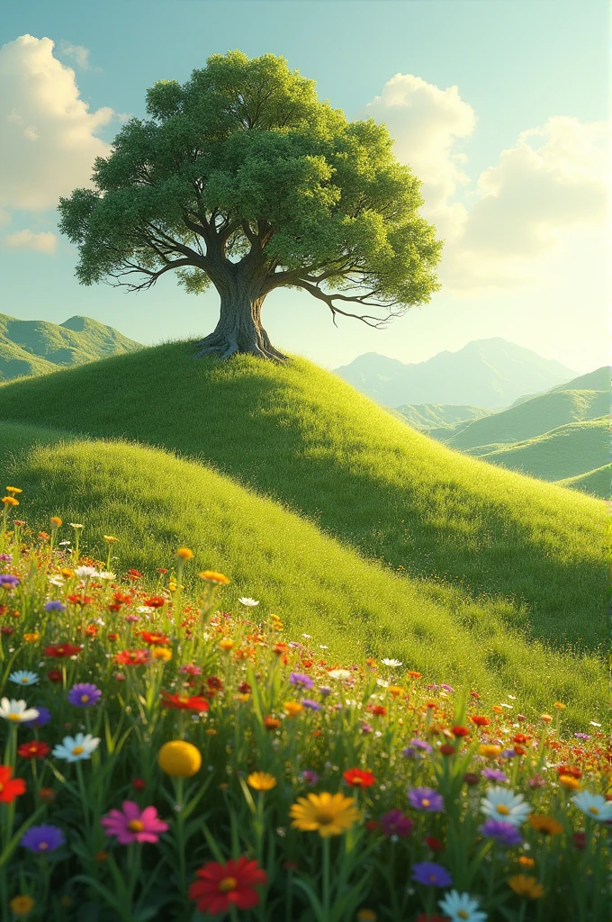 A rolling, grassy hillside dotted with colorful wildflowers and a lone oak tree.