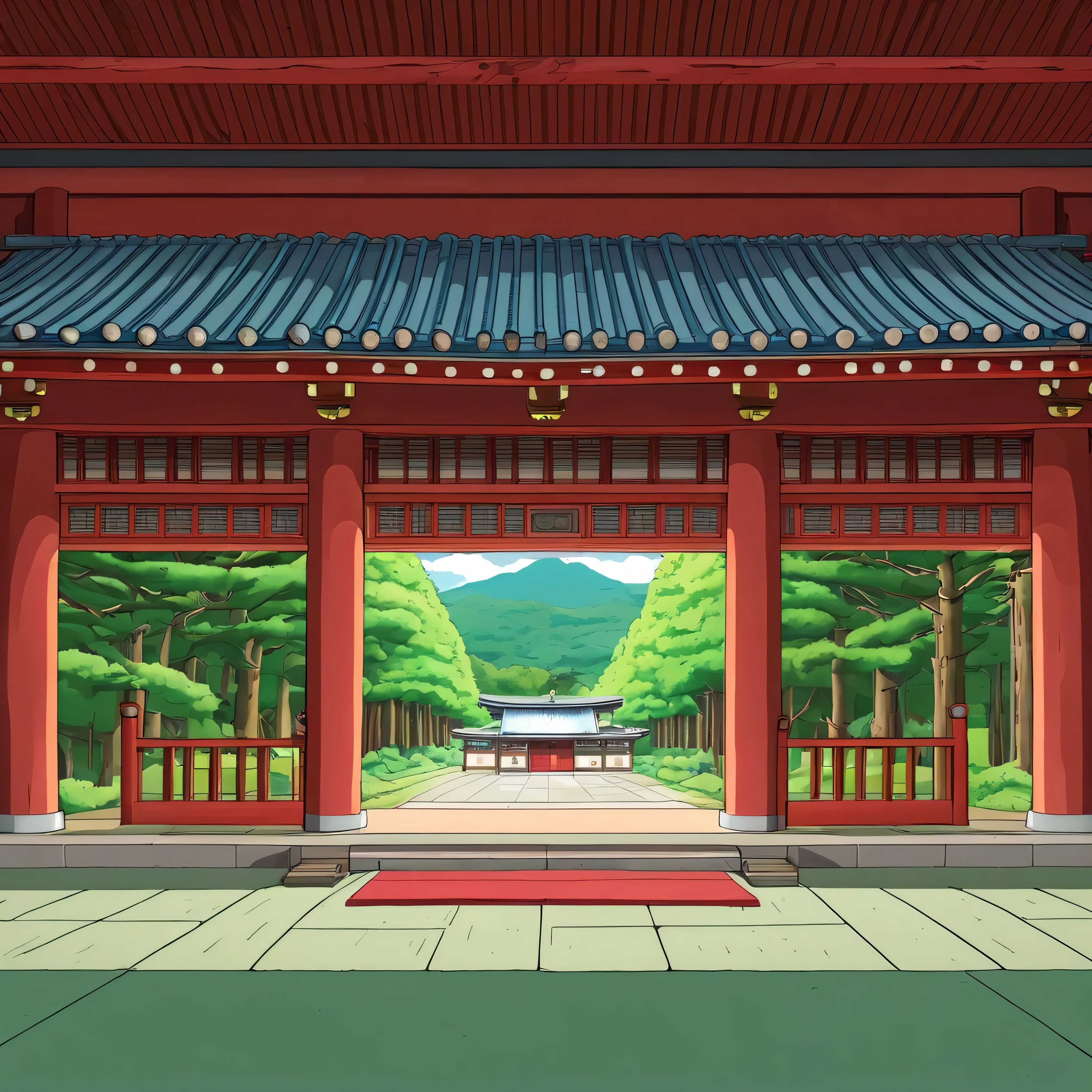 Fron view inside temple  in in Japan, cartoon, 2d, the family guy style, street