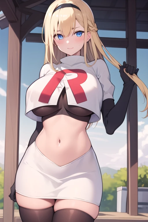 masterpiece, best quality,simple eyes,outdoors,1girl,north carolina,bangs, blonde_hair, blue_eyes,large breasts, eyebrows_visible_through_hair, hairband, long_hair, long_sleeves, looking_at_viewer, team rocket,team rocket uniform,white skirt,red letter R,crop top,black thigh-highs,black elbow gloves