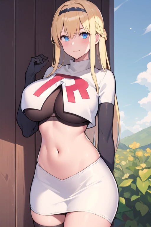 masterpiece, best quality,simple eyes,outdoors,1girl,north carolina,bangs, blonde_hair, blue_eyes,large breasts, eyebrows_visible_through_hair, hairband, long_hair, long_sleeves, looking_at_viewer, team rocket,team rocket uniform,white skirt,red letter R,crop top,black thigh-highs,black elbow gloves