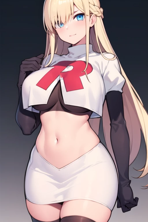 masterpiece, best quality,simple eyes,outdoors,1girl,north carolina,bangs, blonde_hair, blue_eyes,large breasts, eyebrows_visible_through_hair, hairband, long_hair, long_sleeves, looking_at_viewer, team rocket,team rocket uniform,white skirt,red letter R,crop top,black thigh-highs,black elbow gloves