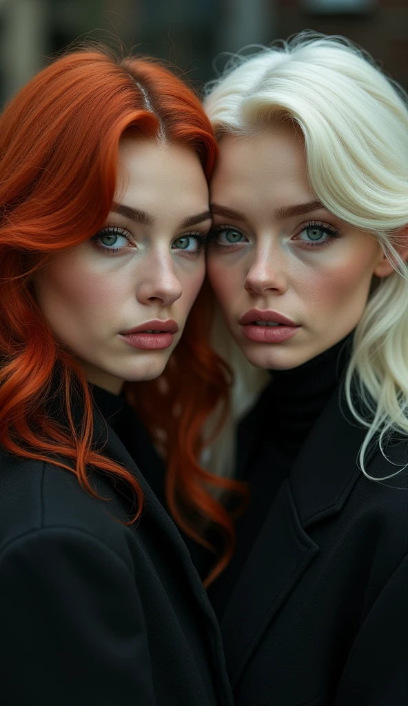 "Captivating, cinematic portrait capturing the striking contrast and alluring dynamic between two visually striking women. The redheaded subject's fiery locks and sultry, confident gaze exude a bold, edgy glamour, while the platinum-blonde companion's porcelain features and ethereal, elegant presence lend an otherworldly, angelic quality to the scene.
The interplay of their distinct aesthetics and auras creates a visually arresting, almost narrative-like composition that evokes a sense of intrigue and creative tension. The dark, moody urban backdrop serves to further heighten the magnetic, cinematic atmosphere, with the subtle highlights and contours sculpting the subjects' features in a dramatic, chiaroscuro-inspired style.
This evocative portrait seamlessly blends the bold, boundary-pushing aesthetics of artists like Alphonse Mucha, Brom, and Greg Rutkowski, crafting a captivating, high-fashion-inspired visual narrative that lingers in the imagination. The meticulous attention to detail, the masterful use of light and shadow, and the overall sense of enigmatic, magnetic presence make this a truly compelling and visually arresting work."