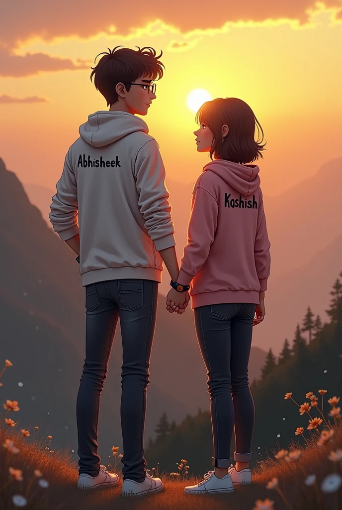 A handsome sad boy, and a beautiful sad girl standing on the mountain hill, boy wearing white jacket, black jeans, Curley hair, wearing watch, and eyeglasses, girl wearing black jeans, pink hoodie, short  silky hair, evening sunset, mountain hill in background, evening sunset, written 'Abhishek' in backside of boy jacket, and written 'kashish' in backside of girl hoodie. Boy and girl giving hi five each other Alphonse Mucha