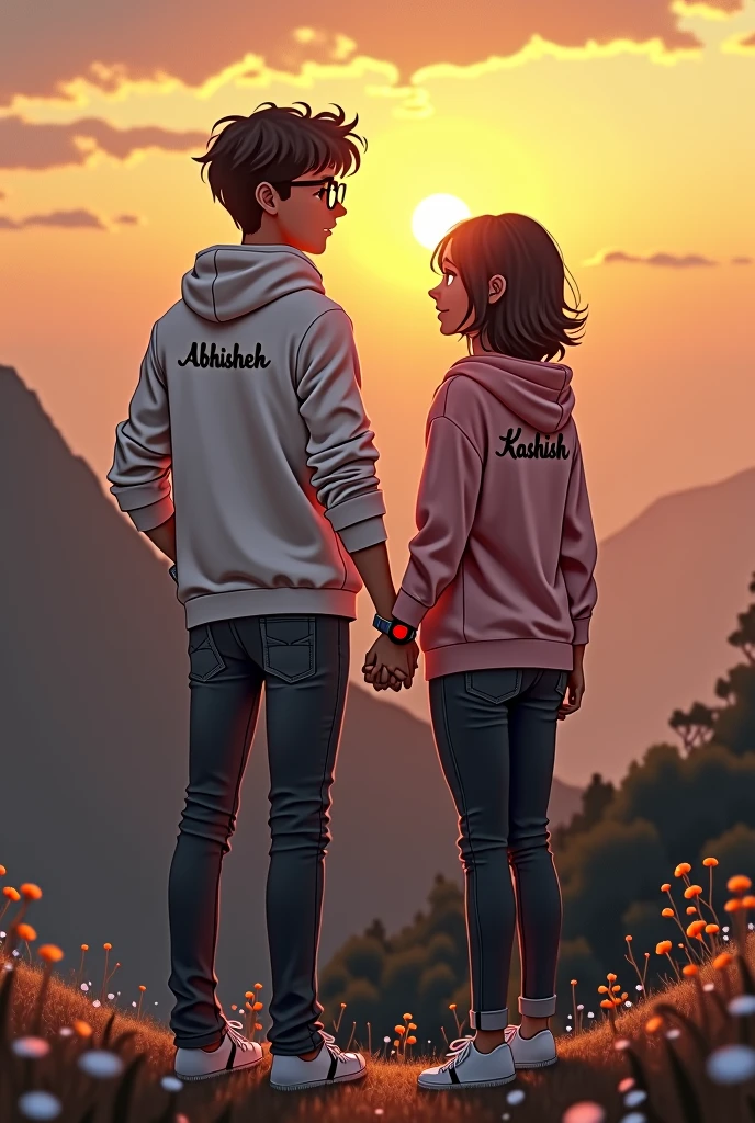 A handsome sad boy, and a beautiful sad girl standing on the mountain hill, boy wearing white jacket, black jeans, Curley hair, wearing watch, and eyeglasses, girl wearing black jeans, pink hoodie, short silky hair, evening sunset, mountain hill in background, evening sunset, written 'Abhishek' in backside of boy jacket, and written 'kashish' in backside of girl hoodie. Boy and girl giving hi five each other Alphonse Mucha