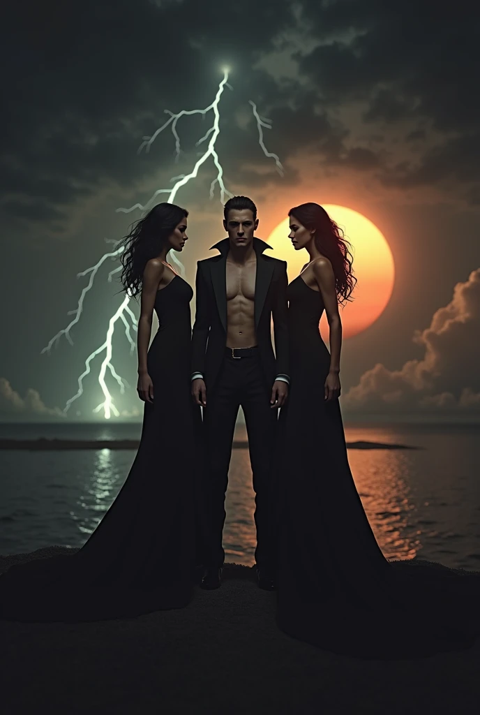 A handsome man with a perfect slim face dressed in a long black Dracula suit without a shirt, a cloudy sunset sky, a sun hiding behind a trail of water that matches the sun, a lightning bolt from afar next to him, two beautiful women dressed in black, the man is in the middle