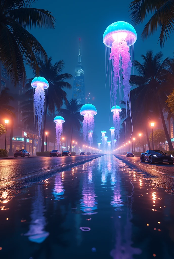Jellyfish on a Miami beach street a
t night