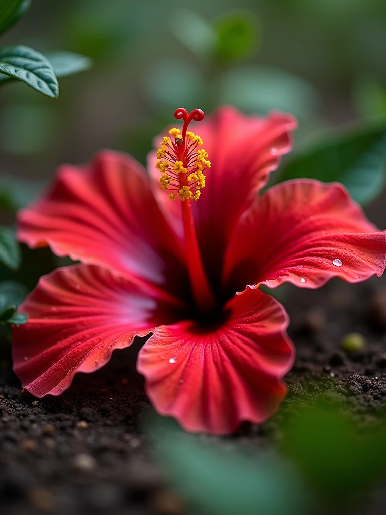 a close-up of a hibiscus flower on the ground