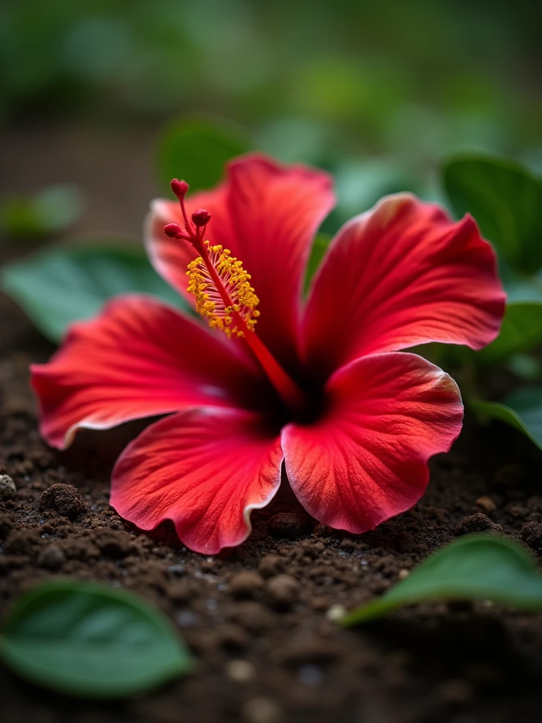 a close-up of a hibiscus flower on the ground