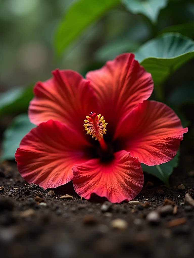 a close-up of a hibiscus flower on the ground