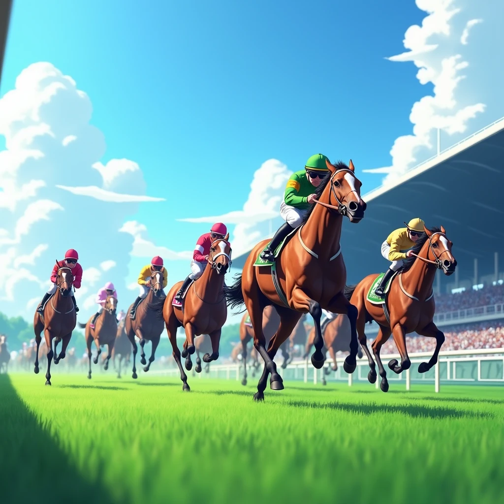 Tokyo Racecourse,Sunny,blue sky,12 horses in the race,The goal scene,Turf,A lot of people are watching,A lot of people,Image from the auditorium,(Close-up),(Highest quality,High resolution,Masterpiece,8K),