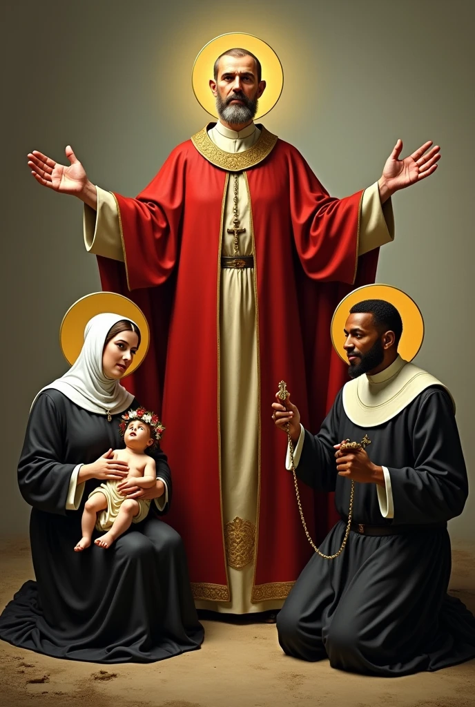 Bishop Saint Toribio de Mogrovejo in red habit, a halo over her head extending her arms to both sides and to her left is Saint Rose of Lima, a 25-year-old white saint in a black and white Dominican habit on her knees with a crown of roses and a halo over her head carrying the baby Jesus and to her right is Saint Martin de Porres, a 3 mulatto saint in a black and white Dominican habit on her knees with a rosary in his hands and a halo over his head.