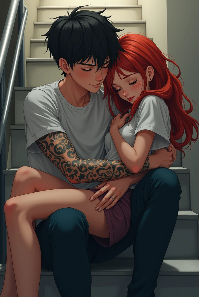 They are on the steps of the stairs and a black-haired boy with grey eyes and tattooed arms is carrying on his lap and hugging a red-haired girl with green eyes and freckles from a short distance away., He has one foot raised and wobbling, She has her head on his neck hugging him and he has his eyes closed smiling with his hand on her waist
