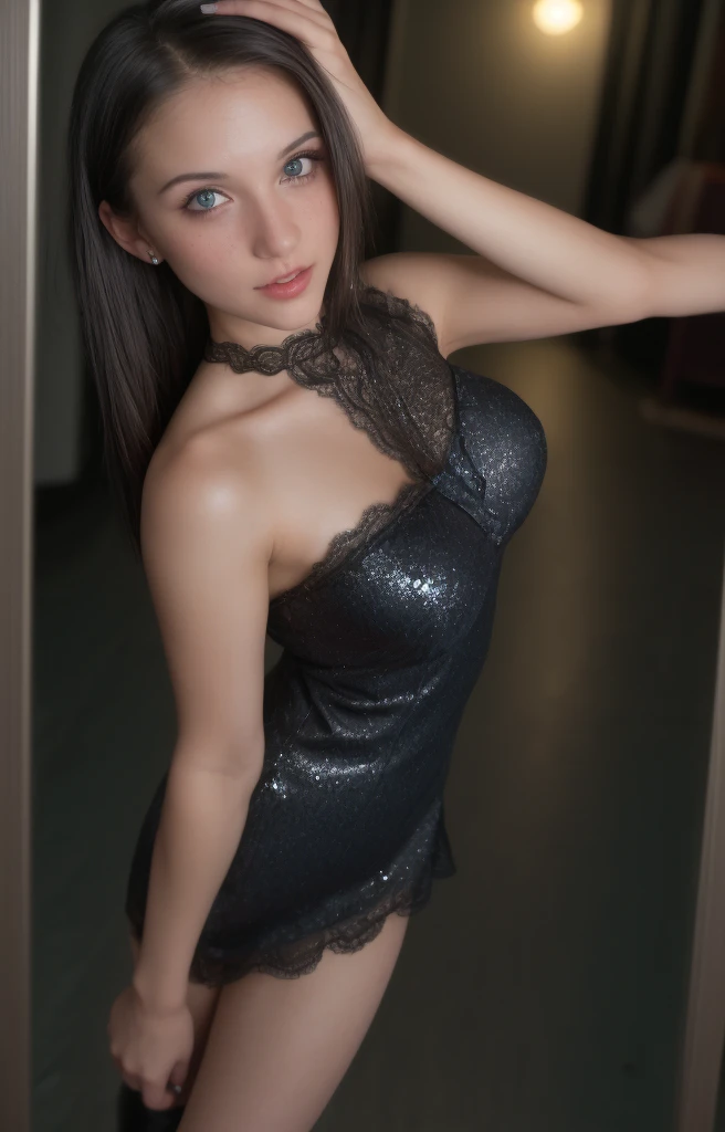 little teen girl, cute teen, , (selfie, front view: 1.4), (straight complete body: 1.4), RAW UHD portrait photo of a 1 cute girl(blue-eyed teen girl) walking down a dark alley, natural breasts_c, night city, (black sexy tight strapless long lace dress), (sexy long legs), (black platform high heels), (full body shot), (décolleté), detail (textures!, hair!, glitter, color!, disadvantages: 1.1), highly detailed glossy eyes, (looking at the camera), mirror lighting, DSLR camera, ultra quality, sharp focus, sharpness, depth of field,  film grain, (center), Fujifilm XT3, crystal clear, large breasts, bare torso, center of frame, pretty face, sharp focus, street lamp, neon lights, bokeh, (dimly lit), low key, night, (night sky) detailed skin pores, oiled skin, tan, intricate eye details