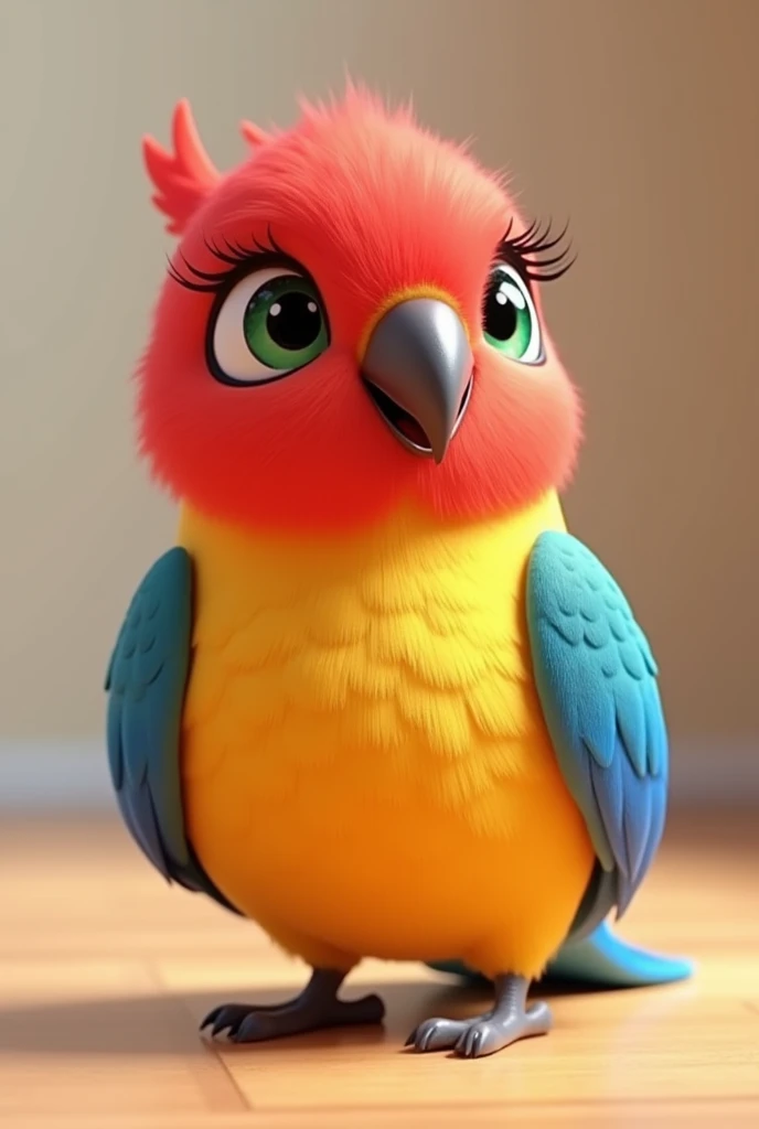 Pixar-style 3D animation of a bird with a red head, yellow chest and blue wings, of the rosella species Parakeet-omnicolor platycercus eximius, with a neutral background in the image