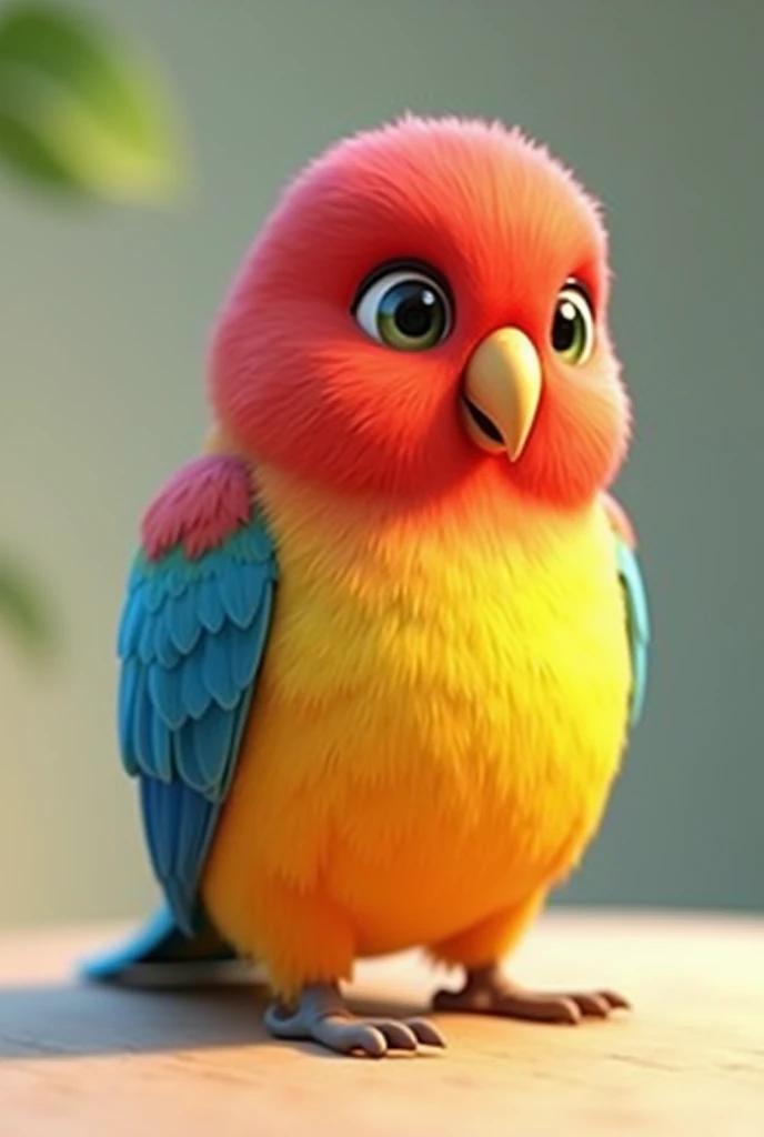 Pixar-style 3D animation of a bird with a red head, yellow chest and blue wings, of the rosella species Parakeet-omnicolor platycercus eximius, with a neutral background in the image