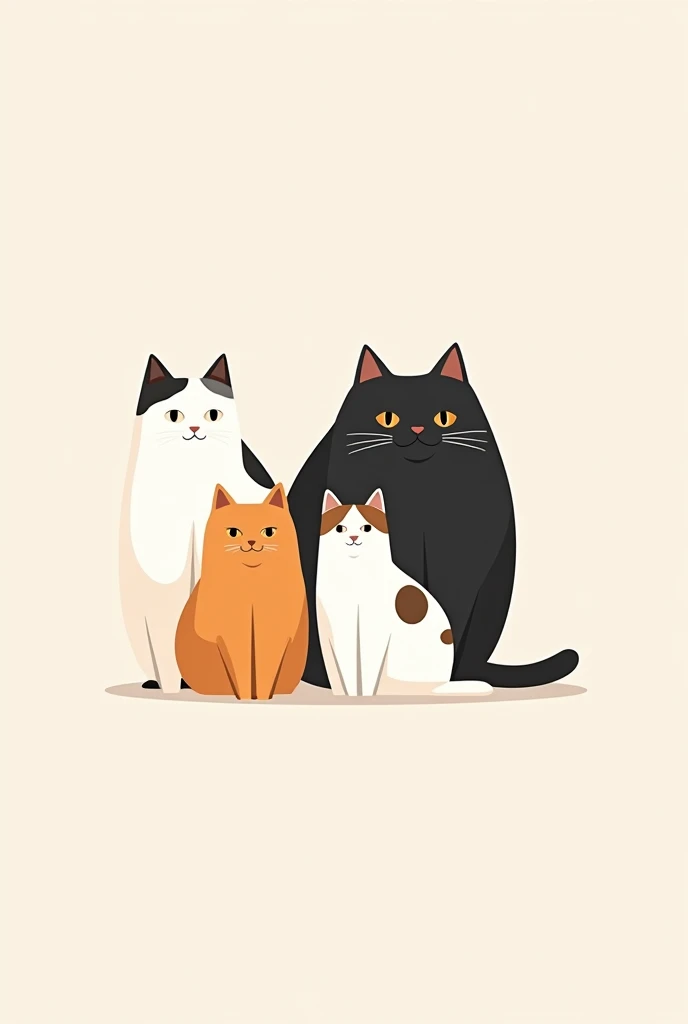 create me a wallpaper of 4 cats together 1 orange with white with lots of hair 1 big chubby black 1 white with brown and black big 1 only white with black in minimalist style drawing 