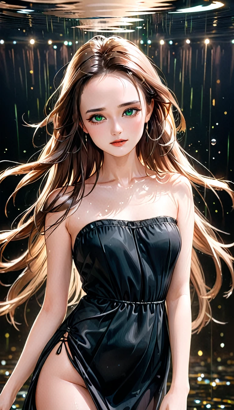 cool beauty, (attractive and seductive) and (amorous and lewd) face, fleeting and sad expression, brown messy layered straight hair, forehead, make-up, black string dress, glamorous proportions, background dim bar, (ultra detailed, absolutely resolution, best quality:1.3), 2.5D, delicate and dynamic effects, lighting effects, artistic, hyper, graphic CG digital art, BREAK watery green eyes